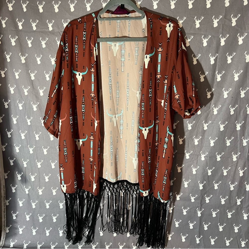 Brown Kimono with Fringe and Pattern
